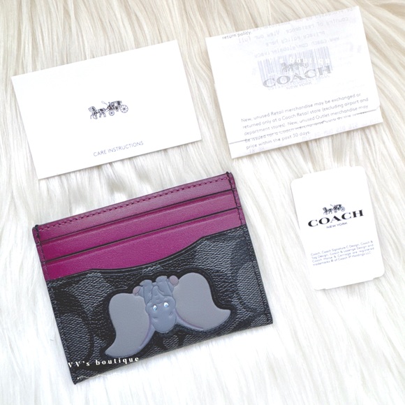NWT Disney X Coach Slim Card Case Signature Canvas With Dumbo Black Plum 91246 - Picture 1 of 3